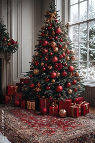 Stunning Christmas Tree Decor with Red and Gold Ornaments and Wrapped Presents photo