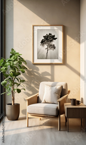 Modern Living Room Interior Design with Armchair Side Table and Framed Tree Artwork