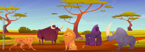 African animal. Zoo park. Safari in Africa. Funny jungle character. Wild lion and rhino. Gorilla monkey. Nature cartoon landscape. Wilderness scenery. Cute wildlife. Vector savanna fauna background