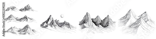 Minimalist mountain landscape sketch with abstract silhouette peaks and ridges in monochrome line art style for photo or graphic design use photo