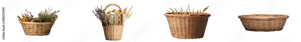 Autumn harvest baskets made of woven wicker filled with various seasonal crops herbs flowers and other natural decorative elements showcasing a rustic organic and handcrafted lifestyle Autumn harvest baskets made of woven wicker filled with various seasonal crops herbs flowers and other natural decorative elements showcasing a rustic organic and handcrafted lifestyle