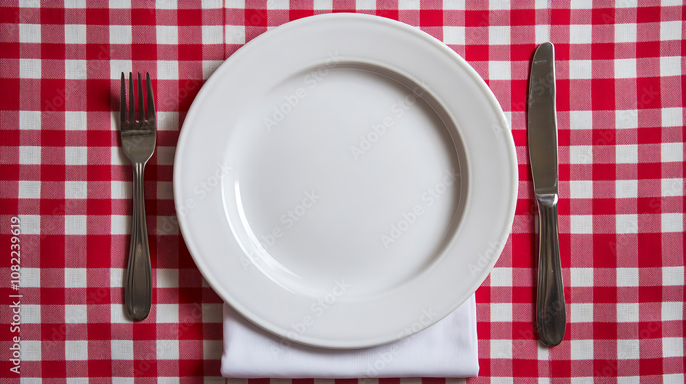 Top view of an empty round white plate with a colored background set on a tablecloth for food. Plate empty onto napkin, leaving room for your artwork.
Top view of an empty round white plate with a colored background set on a tablecloth for food. Plate empty onto napkin, leaving room for your artwork.