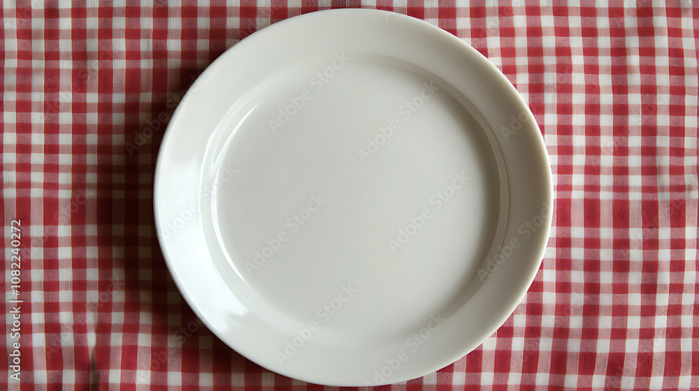 Top view of an empty round white plate with a colored background set on a tablecloth for food. Plate empty onto napkin, leaving room for your artwork.
Top view of an empty round white plate with a colored background set on a tablecloth for food. Plate empty onto napkin, leaving room for your artwork.