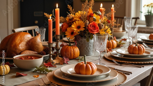 Elegant Thanksgiving Table Setting with Autumnal Festive Decor, Warm Lighting, and Seasonal Centerpieces for a Memorable Gathering photo