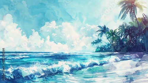 Watercolor painting of a tropical beach with palm trees and ocean waves.