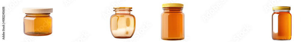 Assortment of Amber Glass Jars and Bottles for Food Storage Preservation Spices and Condiments Displayed on a White Background Vintage Rustic and Minimalist Styling Assortment of Amber Glass Jars and Bottles for Food Storage Preservation Spices and Condiments Displayed on a White Background Vintage Rustic and Minimalist Styling