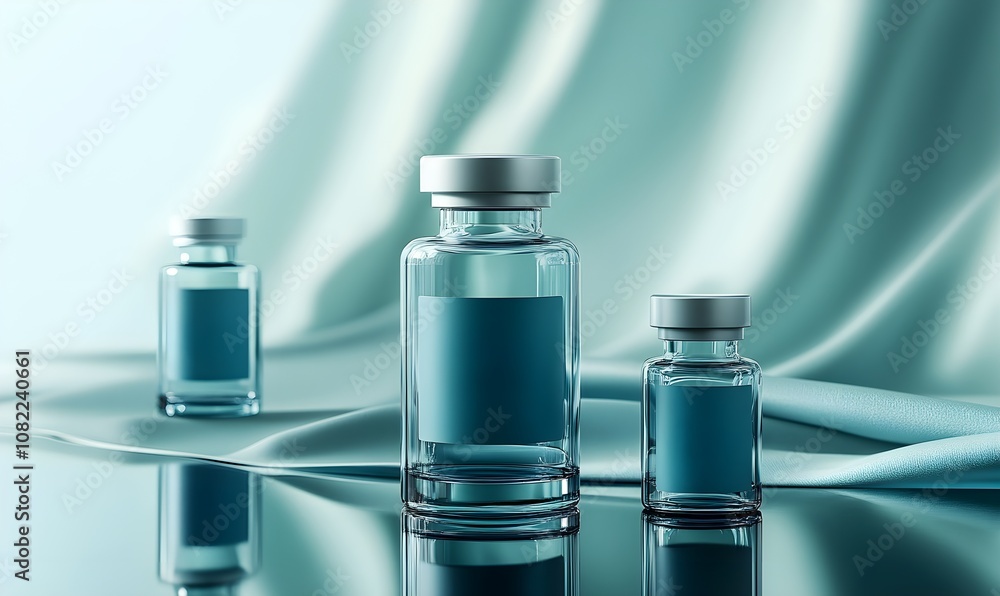 Vials with modern branding and clear labels sit on a reflective surface against a soft-gradient backgroun Vials with modern branding and clear labels sit on a reflective surface against a soft-gradient backgroun