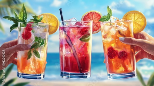 Three refreshing summer cocktails with citrus and berries, held by diverse hands against a bright ocean view.