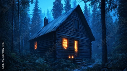 A cozy wooden cabin surrounded by a serene forest, illuminated softly by warm light at dusk.