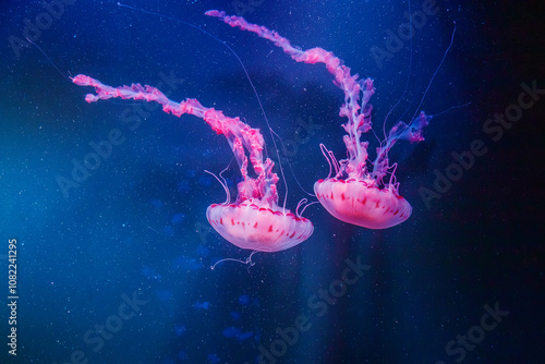 Two pink-tinted jellyfish drift gently in a dark blue, underwater setting