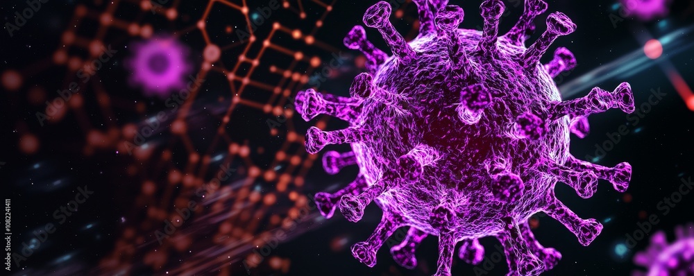 A detailed visualization of a virus, showcasing its structure and impact on health, emphasizing the importance of science in understanding diseases. A detailed visualization of a virus, showcasing its structure and impact on health, emphasizing the importance of science in understanding diseases.