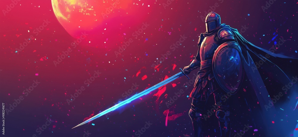 Futuristic knight standing with glowing sword, vibrant cosmic background, dramatic colors, epic atmosphere Futuristic knight standing with glowing sword, vibrant cosmic background, dramatic colors, epic atmosphere