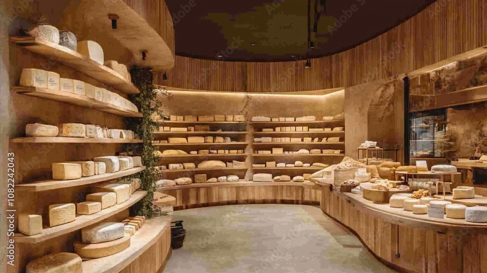 A well-stocked cheese shop with shelves of various cheeses. A well-stocked cheese shop with shelves of various cheeses.