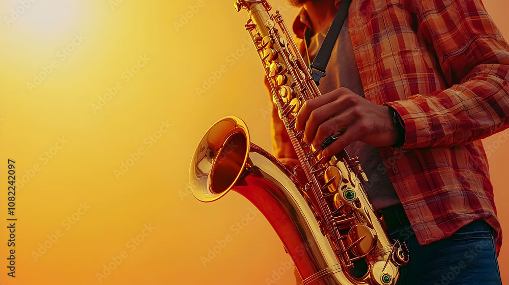 Obraz premium Golden Saxophone Player on Sunset Background - Illustration