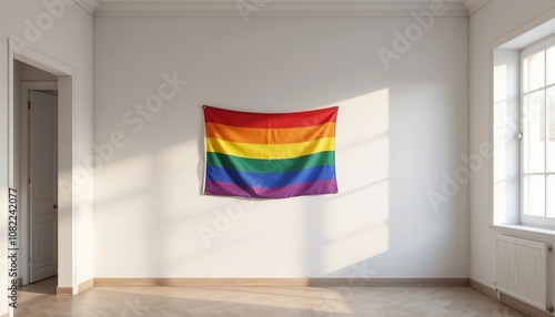 Rainbow pride flag on sunny white wall.  Flag, support, colors of the rainbow, Stop homophobia, Protest against discrimination, Stop hate, Peace and equality, LGBTQ community united . Flag on a sunny. photo