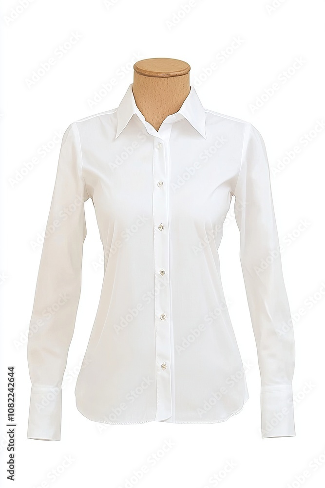 White long-sleeved shirt with a classic collar and button closure. White long-sleeved shirt with a classic collar and button closure.