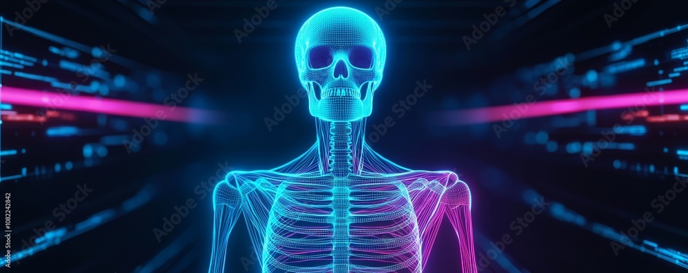 Futuristic illustration of a glowing skeleton in a digital environment, symbolizing medical technology and human anatomy. Futuristic illustration of a glowing skeleton in a digital environment, symbolizing medical technology and human anatomy.