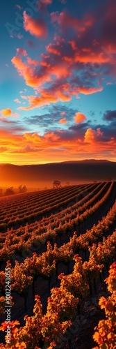 A vineyard glows in the golden light of a dramatic sunset, with vibrant orange clouds filling the sky