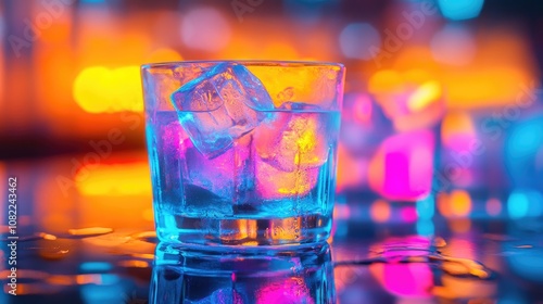 A refreshing drink with ice cubes illuminated by vibrant neon colors.