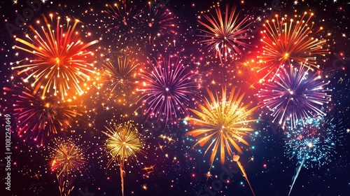 A vibrant display of colorful fireworks lighting up the night sky in a festive celebration.