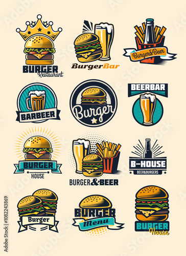 Beer label. Burger icon. Bar logo. Vintage fast food design. Burgers House retro restaurant stamp. Graphic meat menu and cafe sign. Fries potato and hamburger. Ale pint pub symbol. Vector badges set