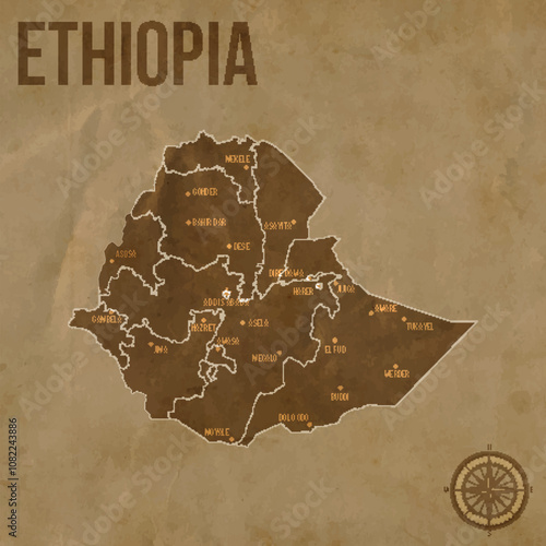 Vintage ETHIOPIA Map with Regions Borders and Major Cities Positions
