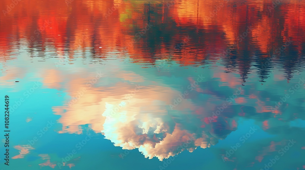 A fluffy cloud reflected in a mirror-like pond against a vibrant background. A fluffy cloud reflected in a mirror-like pond against a vibrant background.