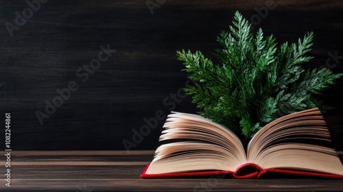 Open Book with Green Plant on Wooden Table