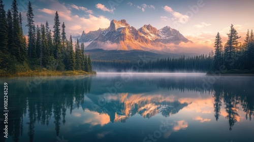 Serene Alpine Lake in Early Morning Light: Crystal-Clear Waters Reflect Majestic Snow-Capped Peaks in Untouched Wilderness. National Geographic Style Photography.