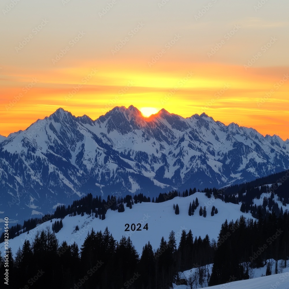 A vibrant sunset over snow-capped mountains with a wintery landscape in the foreground, the sun setting behind the peaks, creating a warm glow in the sky. A vibrant sunset over snow-capped mountains with a wintery landscape in the foreground, the sun setting behind the peaks, creating a warm glow in the sky.