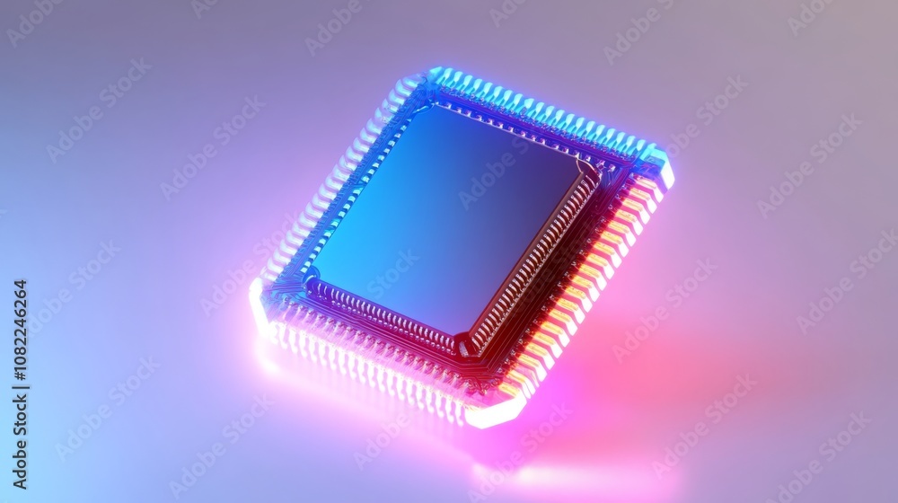 3D render of a tiny computer chip with a holographic display on a white background 3D render of a tiny computer chip with a holographic display on a white background