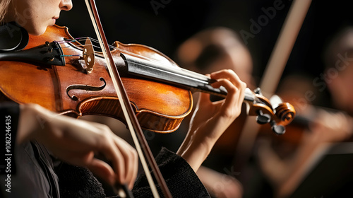 Violinist Performing with a Wooden Violin and Bow - Close Up Photo