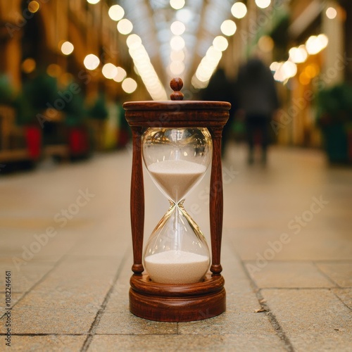 Sand flows through an hourglass, a symbol of time and passing moments, in a busy marketplace.