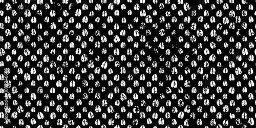 Vertical chains of deer footprints on black background with grunge grain as an abstract seamless pattern. Bw bg with animal feet steps trace. Goat or cow paw vector ornament