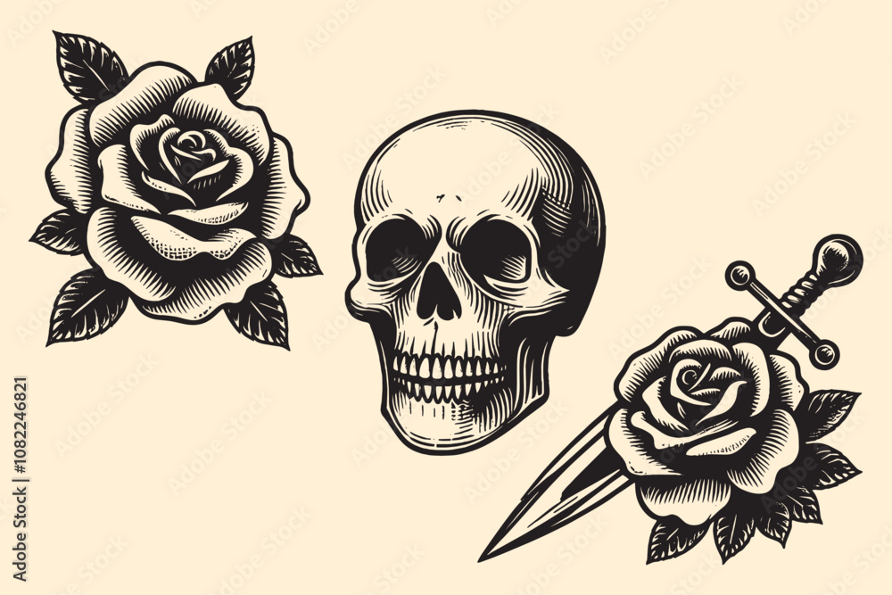 Skull and rose. Black and white vector tattoo sketch illustration