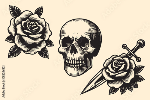 Skull and rose. Black and white vector tattoo sketch illustration