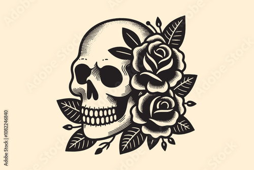 Skull and rose. Black and white vector tattoo sketch illustration