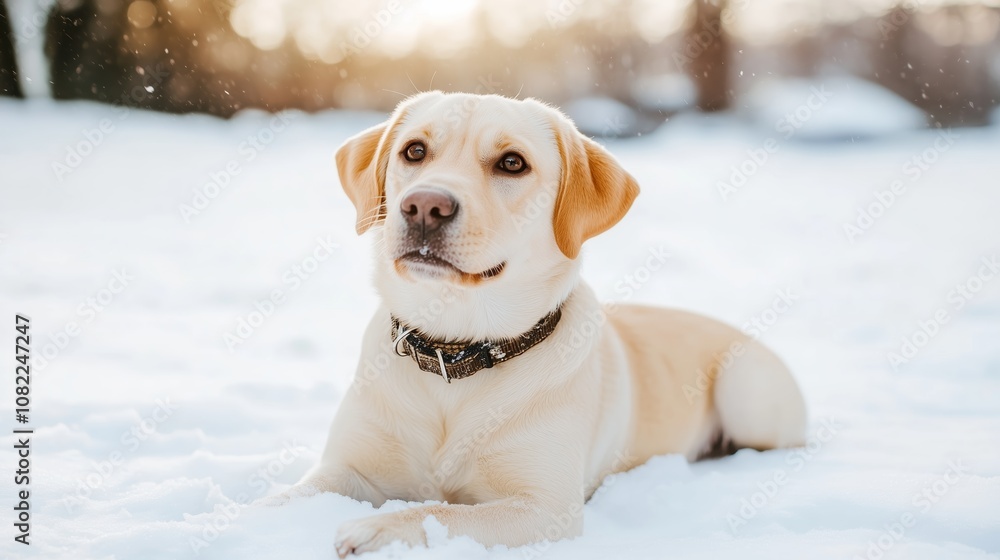 A yellow Labrador Retriever lays in the snow, looking up at the camera A yellow Labrador Retriever lays in the snow, looking up at the camera