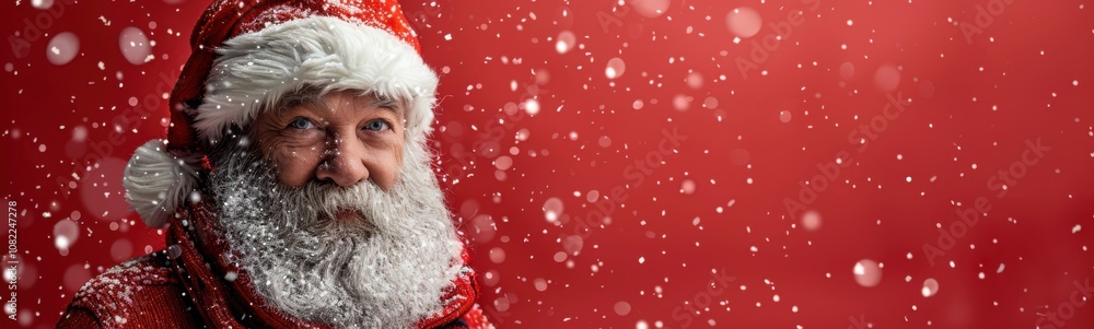 Santa claus is posing for a picture in front of a red background, christmas background, banner, copy space Santa claus is posing for a picture in front of a red background, christmas background, banner, copy space