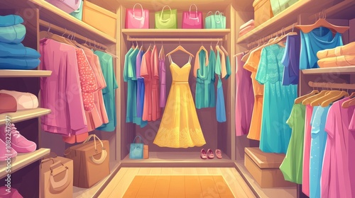 A vibrant and organized wardrobe featuring a stylish yellow dress surrounded by colorful clothing and accessories.