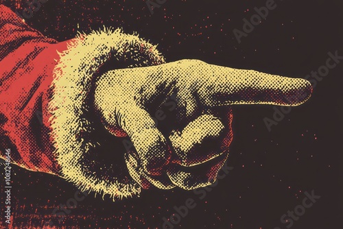 Santa Claus index finger. Man show forefinger in vintage pop art retro design. Christmas agitate poster