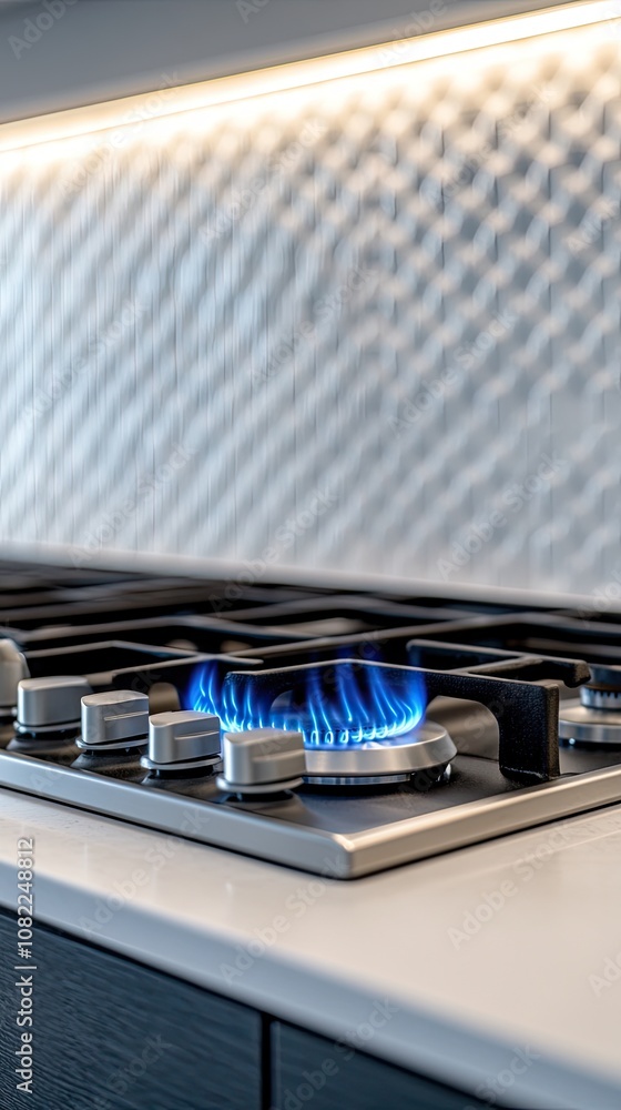A close-up of a gas stove with flames blazing brightly above a sleek kitchen countertop against a pristine white tile backdrop A close-up of a gas stove with flames blazing brightly above a sleek kitchen countertop against a pristine white tile backdrop