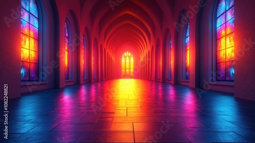 A vibrant, illuminated corridor with stained glass windows.