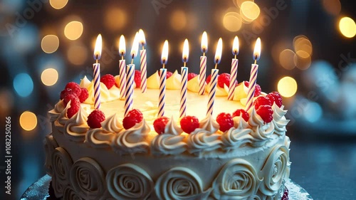 Burning birthday cake candles creating a festive ambiance
