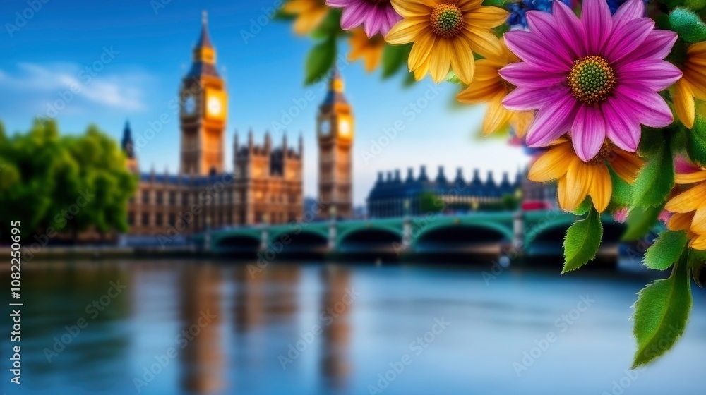 Obraz premium London's Iconic Clock Tower With Blooming Flowers in Foreground