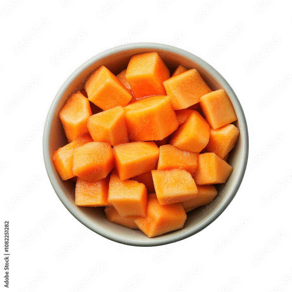 Fresh diced melon pieces served in a bowl, perfect for a healthy snack or dessert., isolated on a transparent background. Fresh diced melon pieces served in a bowl, perfect for a healthy snack or dessert., isolated on a transparent background.