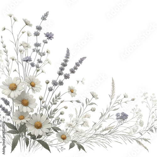 elegant border design showcasing dainty wildflowers, like daisies and lavender, with gently curling stems and small leaves vector