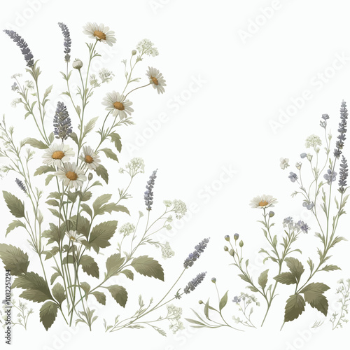 elegant border design showcasing dainty wildflowers, like daisies and lavender, with gently curling stems and small leaves vector