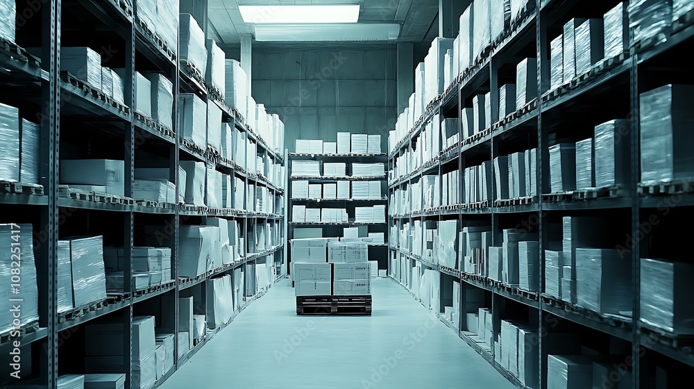 A spacious warehouse aisle filled with stacked boxes on shelves and a pallet in the center. A spacious warehouse aisle filled with stacked boxes on shelves and a pallet in the center.