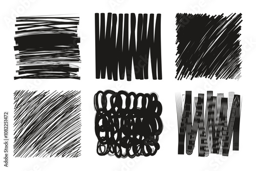Pencil sketch texture. Black hatching. Hand drawn grunge graphic. Diagonal or parallel hatch. Square rough freehand shapes. Marker shading. Charcoal or graphite scribble pattern. Vector doodle set